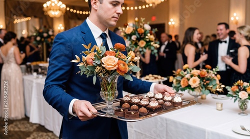 Waiter serving appetizers on a silver tray at a formal wedding reception event