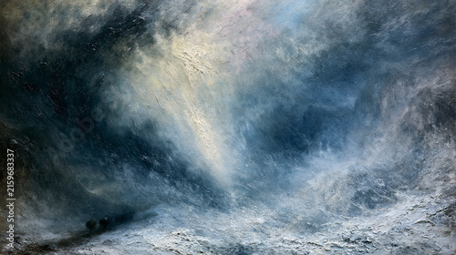 Romanticism oil painting of a terrifying alpine storm overpowering tiny human figures
