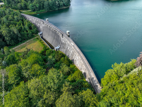 Aerial view of the Neye Reservoir, city of Wipperfürth, village of Neye, Oberbergischer Kreis, North Rhine-Westphalia, Germany.