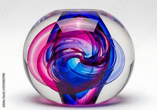Abstract glass paperweight with blue and purple swirling colors inside a clear sphere