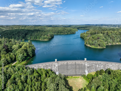 Aerial view of the Neye Reservoir, city of Wipperfürth, village of Neye, Oberbergischer Kreis, North Rhine-Westphalia, Germany.