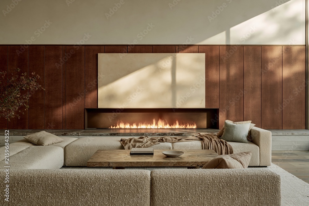 Fototapeta premium Curved boucle sofa in a luxury living room with a linear fireplace and warm wood paneling, featuring soft textures for interior design and property marketing