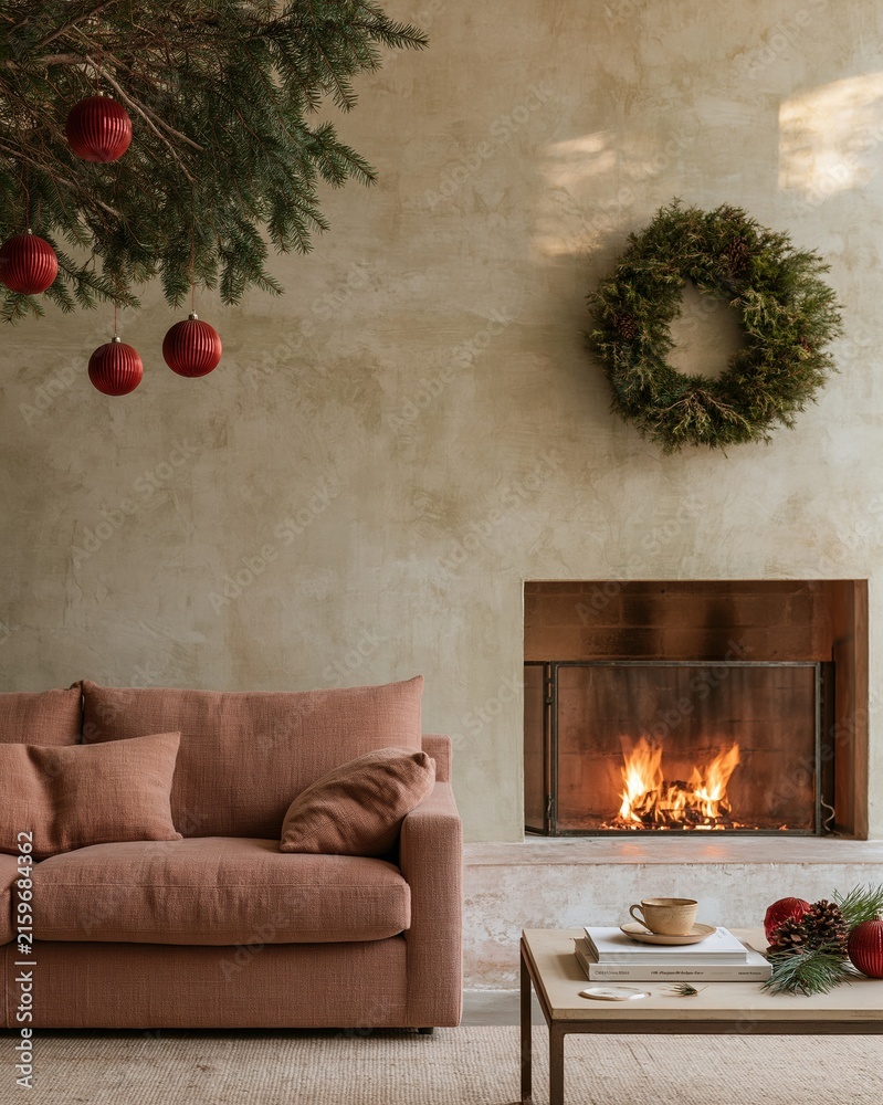 Fototapeta premium Cozy living room with a pink sofa and burning fireplace, featuring festive ornaments and a wreath for seasonal home decor and holiday marketing