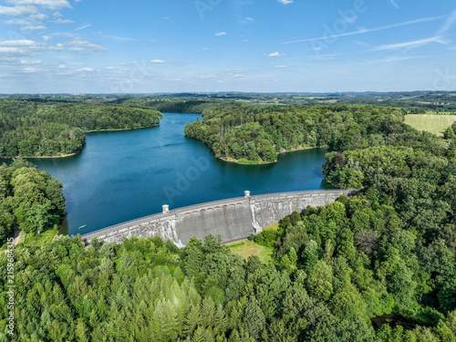 Aerial view of the Neye Reservoir, city of Wipperfürth, village of Neye, Oberbergischer Kreis, North Rhine-Westphalia, Germany.