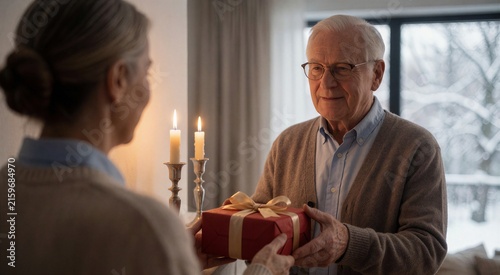 People exchanging Christmas gifts in a cozy living room setting, featuring an older man receiving a present.