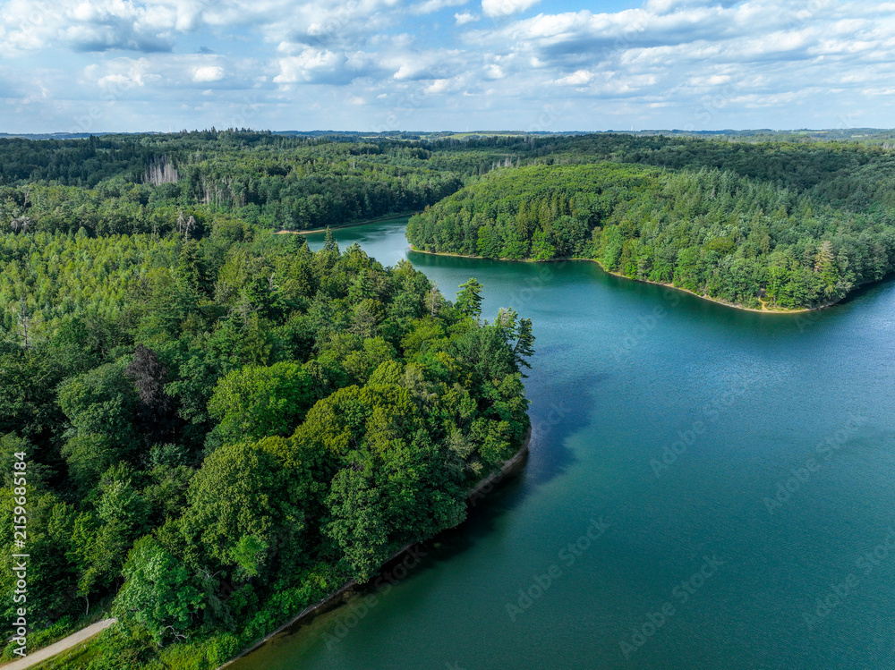 Fototapeta premium Aerial view of the Neye Reservoir, city of Wipperfürth, village of Neye, Oberbergischer Kreis, North Rhine-Westphalia, Germany.
