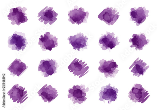 Vibrant Purple Ink Splatters and Brush Strokes Isolated on White Background