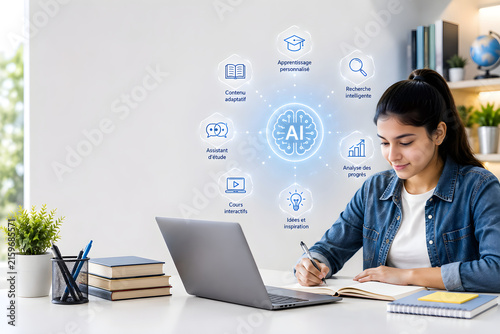 Young female student sitting at desk using laptop and writing in notebook with artificial intelligence icons floating in modern home office study environment for learning