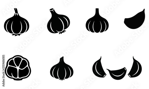 Set of garlic icons, including whole bulbs, cloves, and crosssection, vector illustration