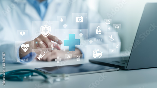 Male medicine doctor touch healthcare medical icons fo Health, insurance concept in hospital background. patient data technology to medical check