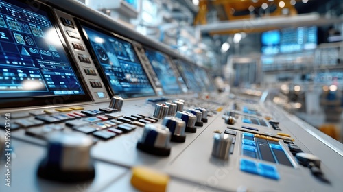 Control Room Command Center: An array of glowing screens and complex control panels in a futuristic command center, symbolizing advanced technology and data monitoring.