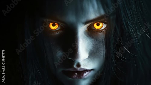 Scary woman with glowing orange eyes emerging from darkness