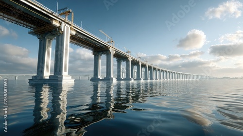 Endless Horizon: A magnificent, long bridge stretches across the calm sea under a clear blue sky, its grand architecture reflected in the tranquil water.