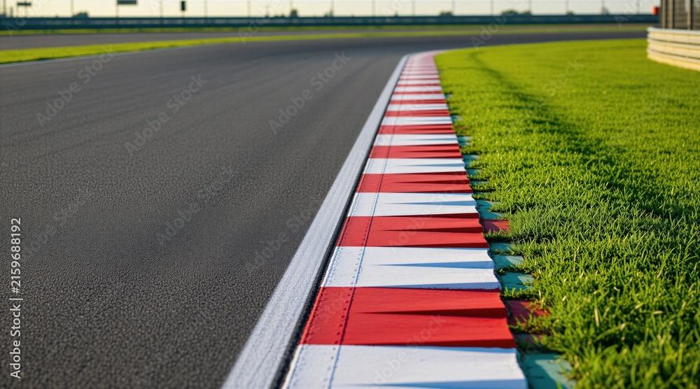 Fototapeta premium Empty race track asphalt curve and green grass verge bordered by red and white barriers. Motorsport competition venue ready for speed and fast action.