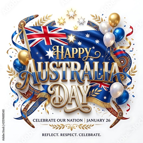 Happy Australia Day poster with national flag and festive gold and blue decorations