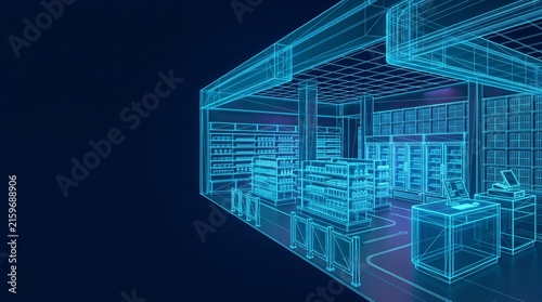 Futuristic glowing hologram architectural store design featuring wireframe shelves inside digital space architectural wireframe hologram futuristic technology