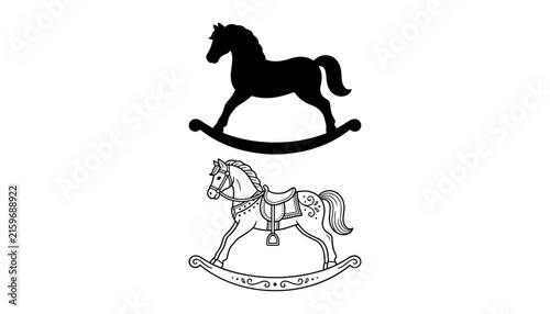 : Vintage rocking horse toy icons set featuring solid black silhouette and detailed thin line art outline sketch