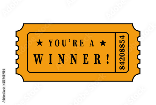 Orange raffle ticket with text saying you are a winner for contests and prize giveaways