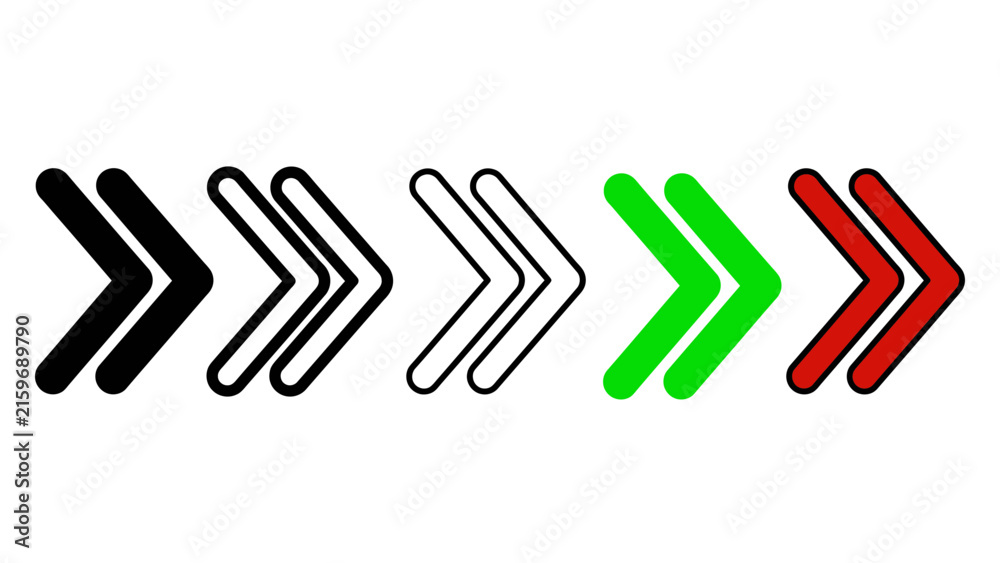 Fototapeta premium Set of Double Chevron Arrow Icons in Multiple Styles and Colors on White Background