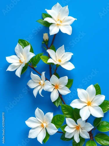 Blooming white gardenias on a simple blue background, graphics, elegant