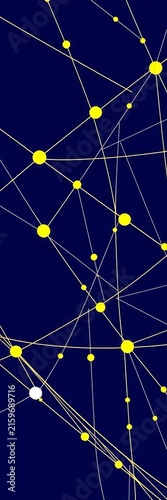Abstract geometric patterns of interconnected lines and dots on a dark blue background, || dots, visual effect