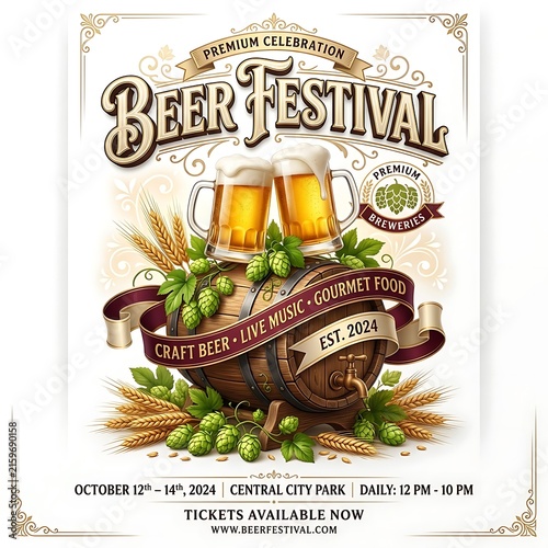 Beer Festival event poster template with wooden barrel and fresh craft beer mugs illustration