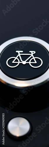 Modern bicycle icon on black button with silver border, UX., digital