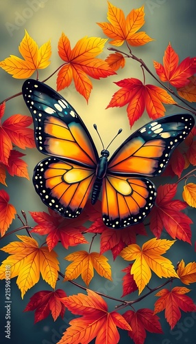 Illustration of a beautiful butterfly surrounded by autumn leaves, november, butterfly