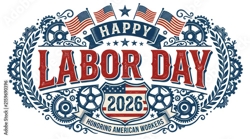 Festive labor day illustration with american flags and patriotic design elements for holiday celebrations