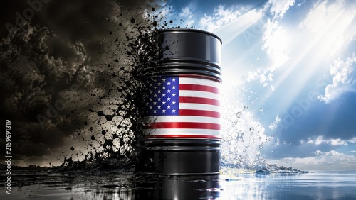 American oil barrel with national flag between darkness and bright light, symbolizing energy security, stability, strength and positive leadership.