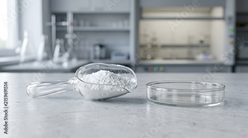 Glass petri dish with white powder substance on a laboratory table for scientific research and testing. cbd isolate powder