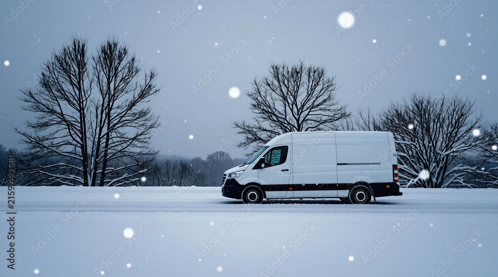 Fototapeta premium White delivery van travels on snowy road through winter forest. Bare trees covered in snow. Falling snowflakes create atmospheric winter scene. Vehicle handles cold weather conditions for cargo