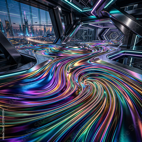 Futuristic corridor featuring a flowing metallic liquid wave floor and cyberpunk city view