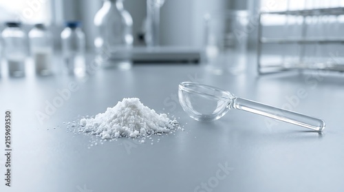 A small pile of white powder with a clear plastic measuring scoop on a laboratory table surface. cbd isolate powder