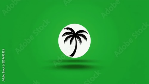A single white circle with a tiny palm tree silhouette casts a shadow on a vibrant green background.