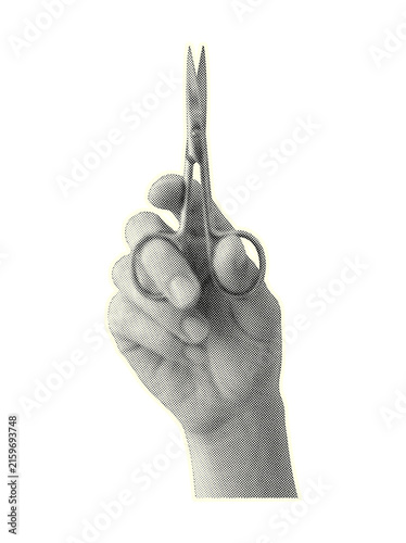 Hand holding scissors in dotted halftone collage on transparent background
