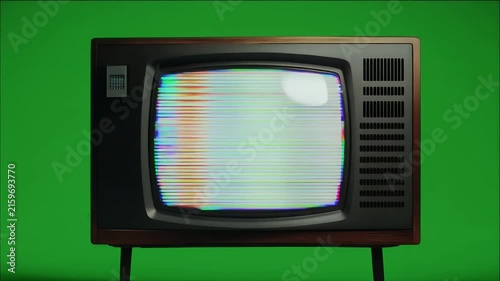A vintage television set displays static and visual noise on its screen.
