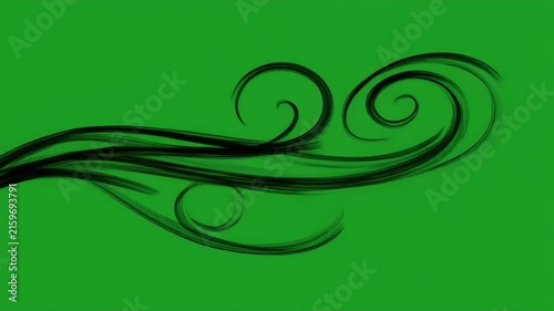 Black swirling brush strokes on a vibrant green background.
