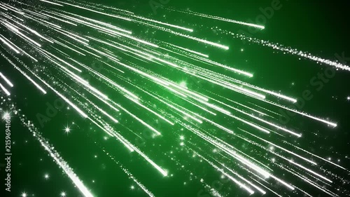 A cascade of white meteor showers streaks across a dark green background.