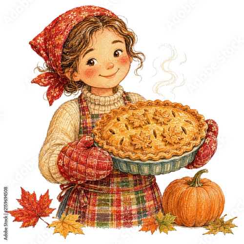 A happy young girl with a rosy complexion, wearing a festive autumn outfit and a knitted sweater, proudly presents a freshly baked pie adorned with maple leaf crust.