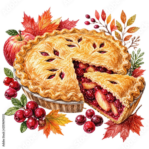 A delicious, golden-brown apple and cranberry pie, adorned with vibrant autumn leaves, evokes the warmth and comfort of the harvest season, with a tempting slice removed.