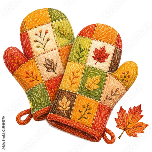 Quilted oven mitts in autumn colors, adorned with embroidered fall leaves and berries, evoke the warmth and comfort of a cozy kitchen during harvest season.