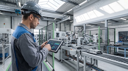 Engineer Monitoring Automated Industrial Production Line with Digital Tablet