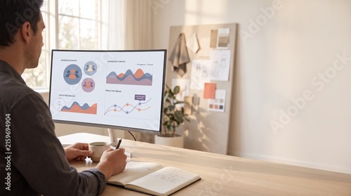 Marketing professional analyzing business data charts on a computer in a modern home office