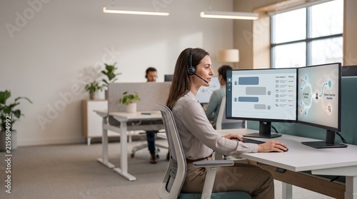 Professional Specialist Managing Automated Customer Service Software in Modern Office