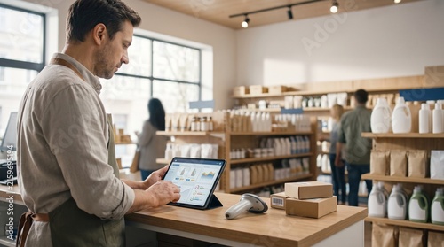 Store Manager Using Digital Inventory Management System on Tablet