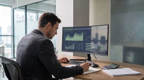Financial Analyst Working on Revenue Forecast and Data Analytics in Modern Office