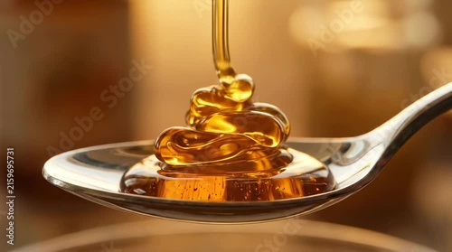 Golden honey pouring into silver spoon