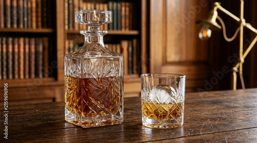 Crystal Decanter and Glass with Whiskey and Ice Ball on Wooden Desk, Library Background