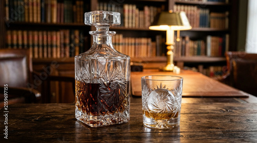 Crystal Decanter and Tumbler with Whiskey on Antique Desk, Library Background